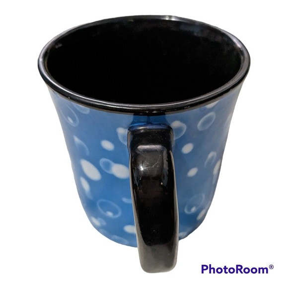 Vtg Keith Kimberlin Coffee Cup Mug Cat Kitty in Flower Pot Polka Dots Blue Black - Picture 2 of 5
